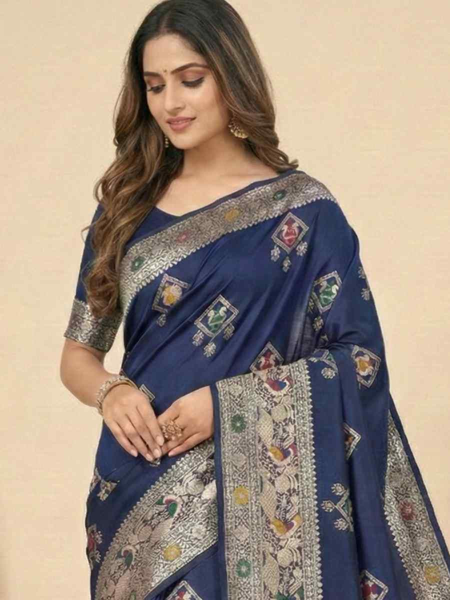 Navy Blue Banarasi Soft Silk Zari Handwoven Casual Reception Festival Wedding Fancy Classic Style Sarees