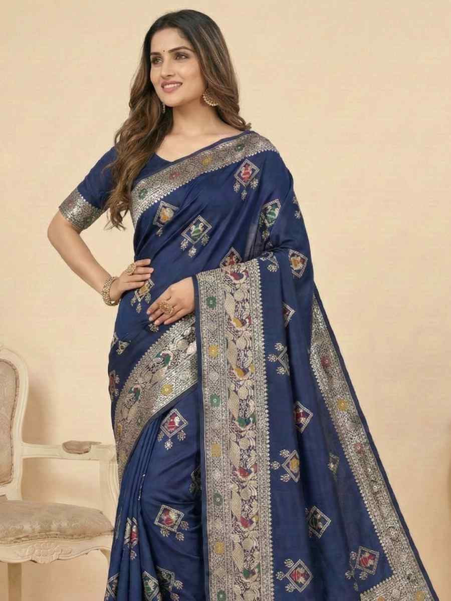 Navy Blue Banarasi Soft Silk Zari Handwoven Casual Reception Festival Wedding Fancy Classic Style Sarees