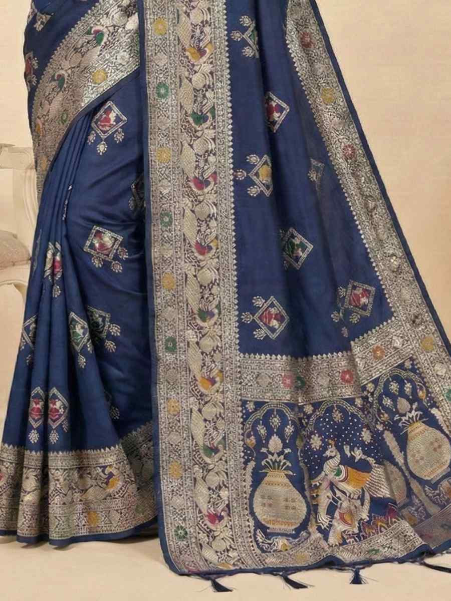 Navy Blue Banarasi Soft Silk Zari Handwoven Casual Reception Festival Wedding Fancy Classic Style Sarees