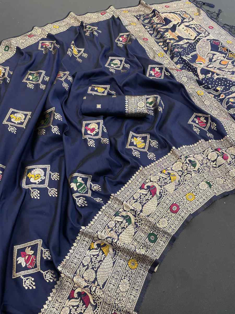 Navy Blue Banarasi Soft Silk Zari Handwoven Casual Reception Festival Wedding Fancy Classic Style Sarees
