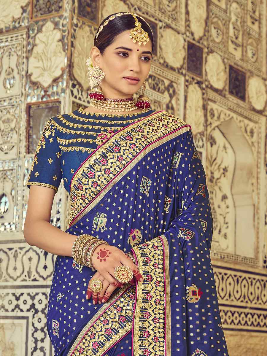 Navy Blue Bandhej Patola Pure Silk Embroidered Wedding Festival Heavy Border Saree