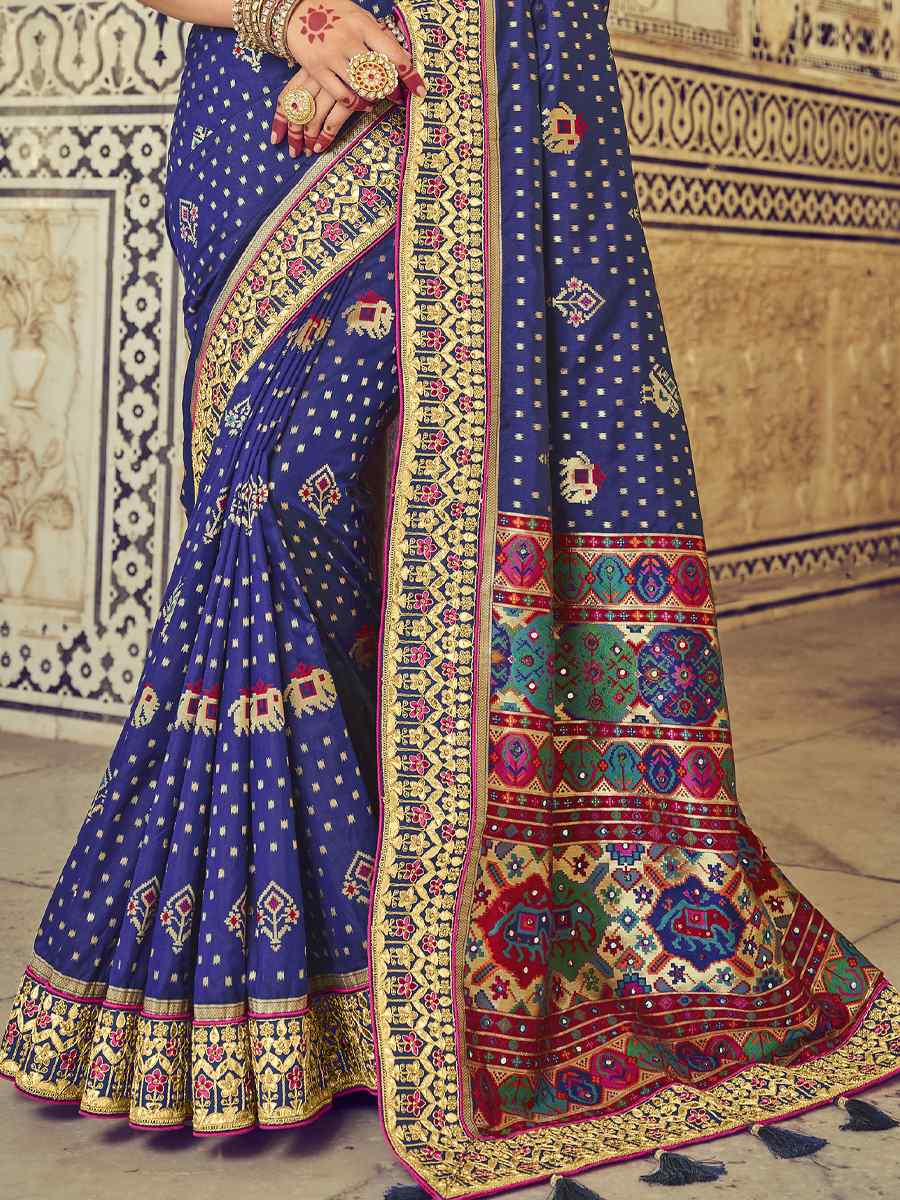 Navy Blue Bandhej Patola Pure Silk Embroidered Wedding Festival Heavy Border Saree
