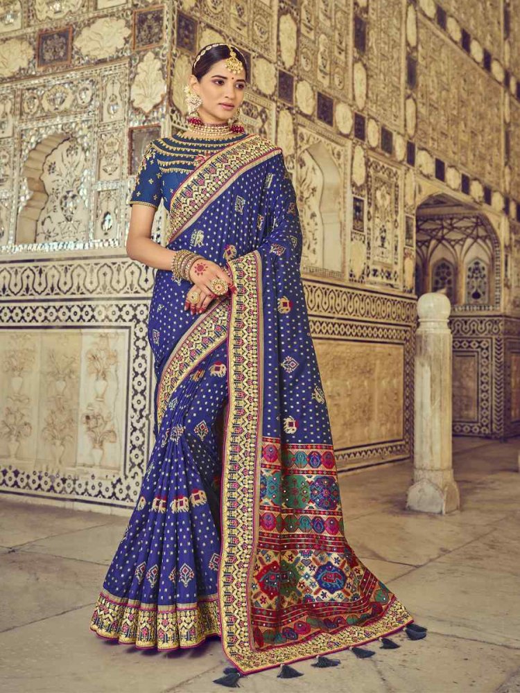 Navy Blue Bandhej Patola Pure Silk Embroidered Wedding Festival Heavy Border Saree