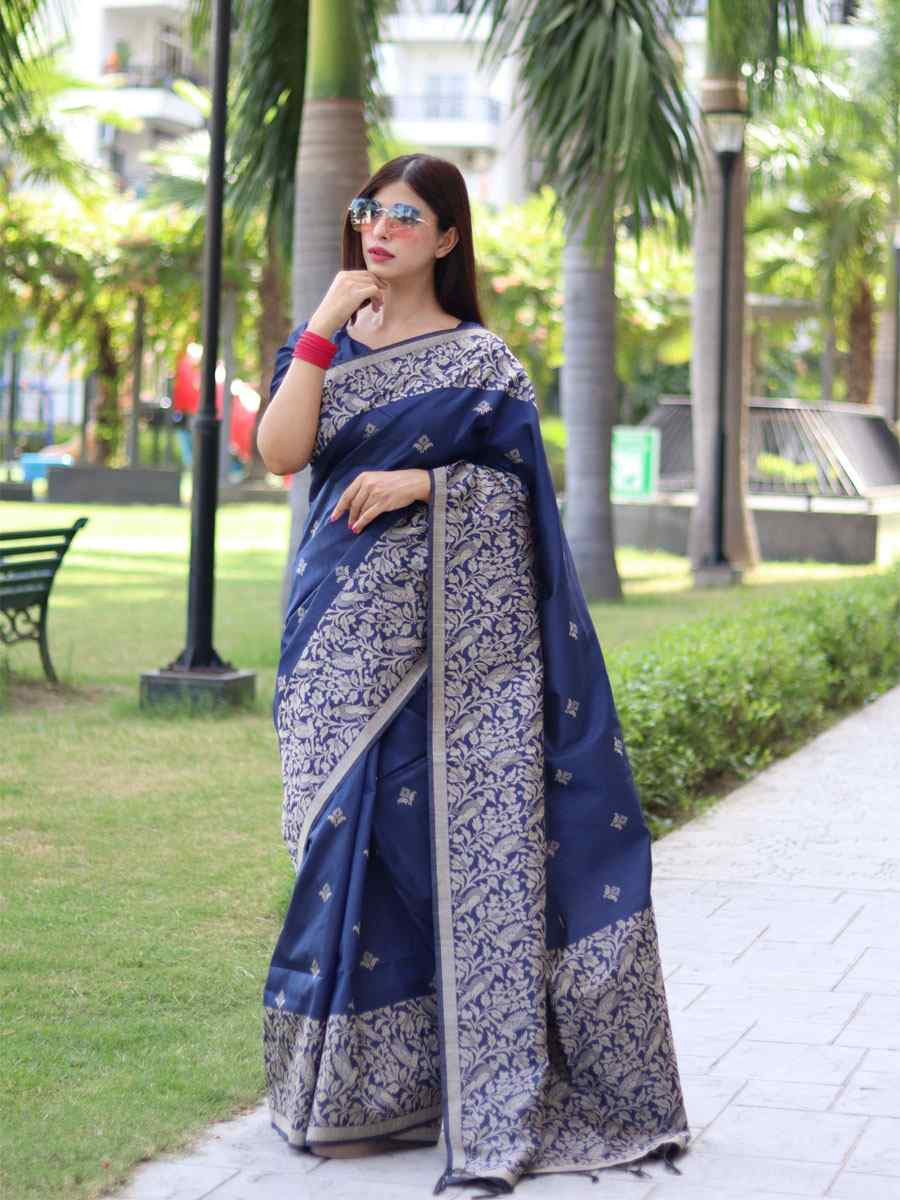 Navy Blue Banglori Handloom Raw Silk Handwoven Casual Reception Festival Wedding Fancy Classic Style Sarees