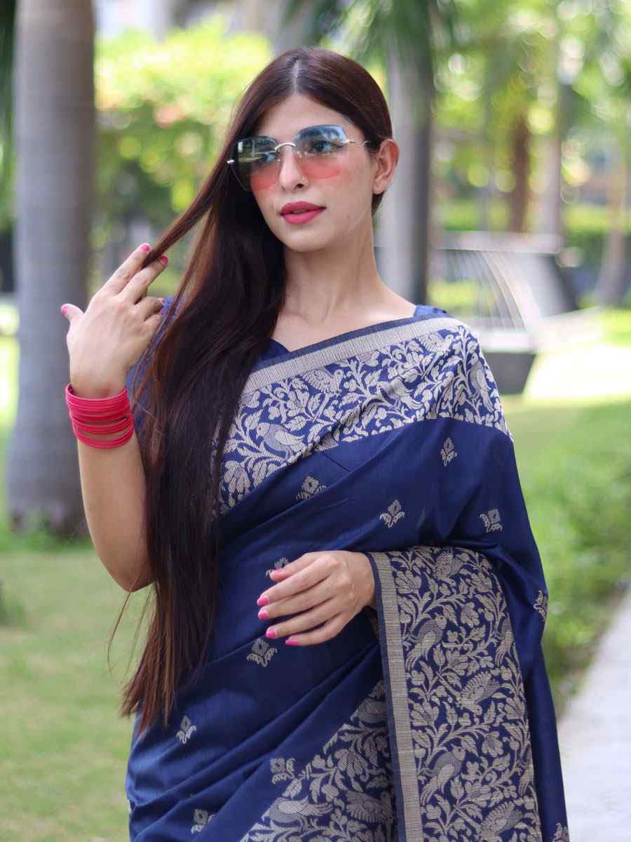 Navy Blue Banglori Handloom Raw Silk Handwoven Casual Reception Festival Wedding Fancy Classic Style Sarees