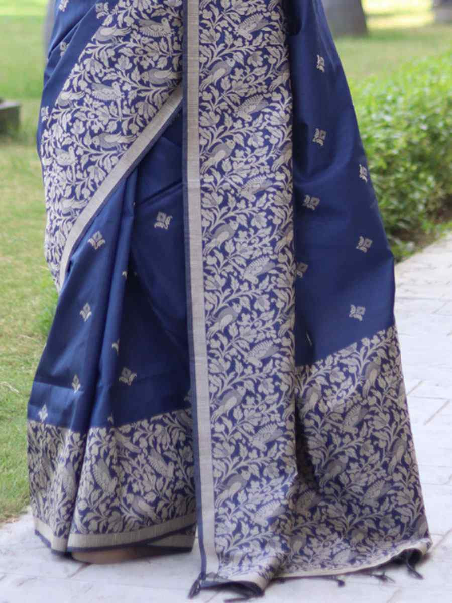 Navy Blue Banglori Handloom Raw Silk Handwoven Casual Reception Festival Wedding Fancy Classic Style Sarees
