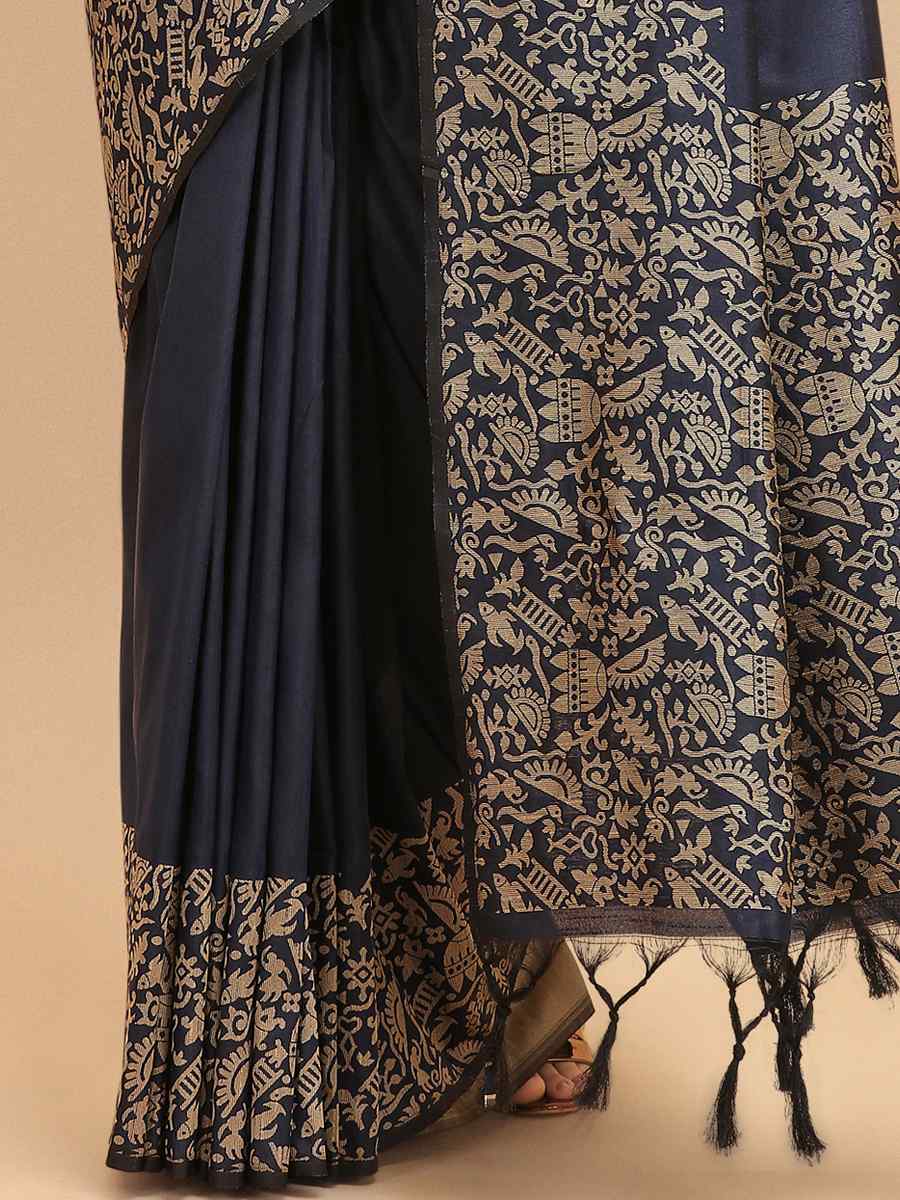 Navy Blue Banglori Raw Silk Handwoven Wedding Festival Heavy Border Saree