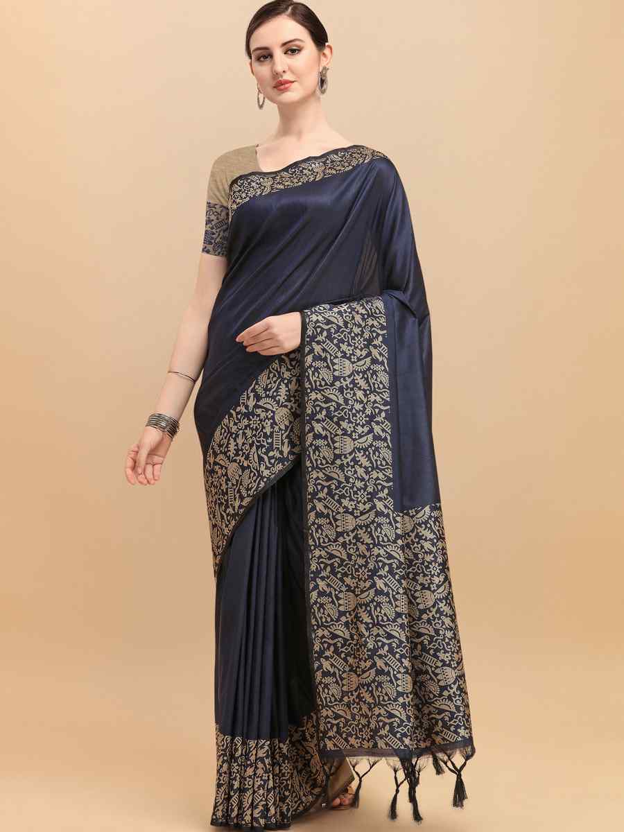 Navy Blue Banglori Raw Silk Handwoven Wedding Festival Heavy Border Saree