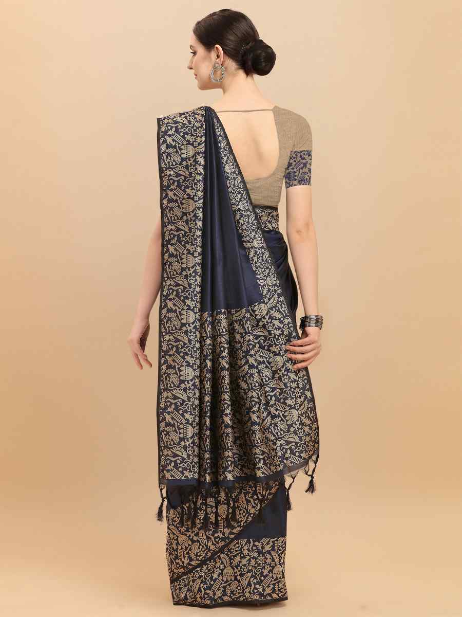 Navy Blue Banglori Raw Silk Handwoven Wedding Festival Heavy Border Saree