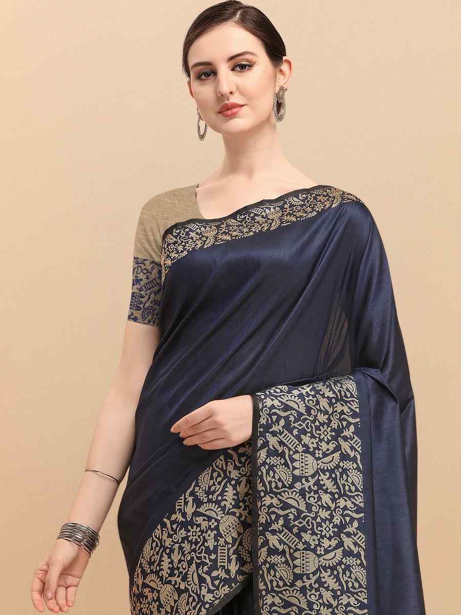 Navy Blue Banglori Raw Silk Handwoven Wedding Festival Heavy Border Saree