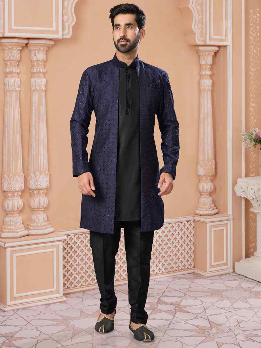 Navy Blue Banglori Silk Embroidered Groom Wedding Sherwani