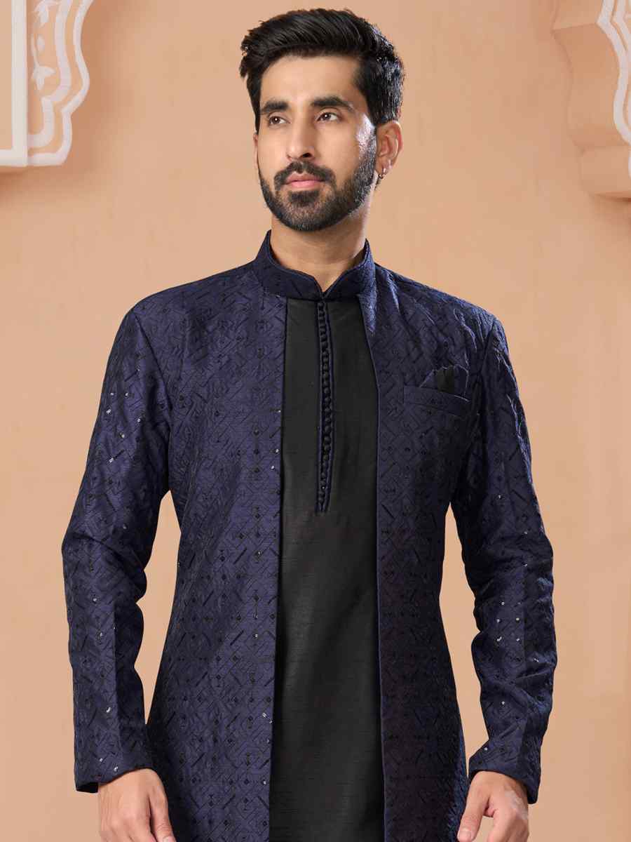 Navy Blue Banglori Silk Embroidered Groom Wedding Sherwani