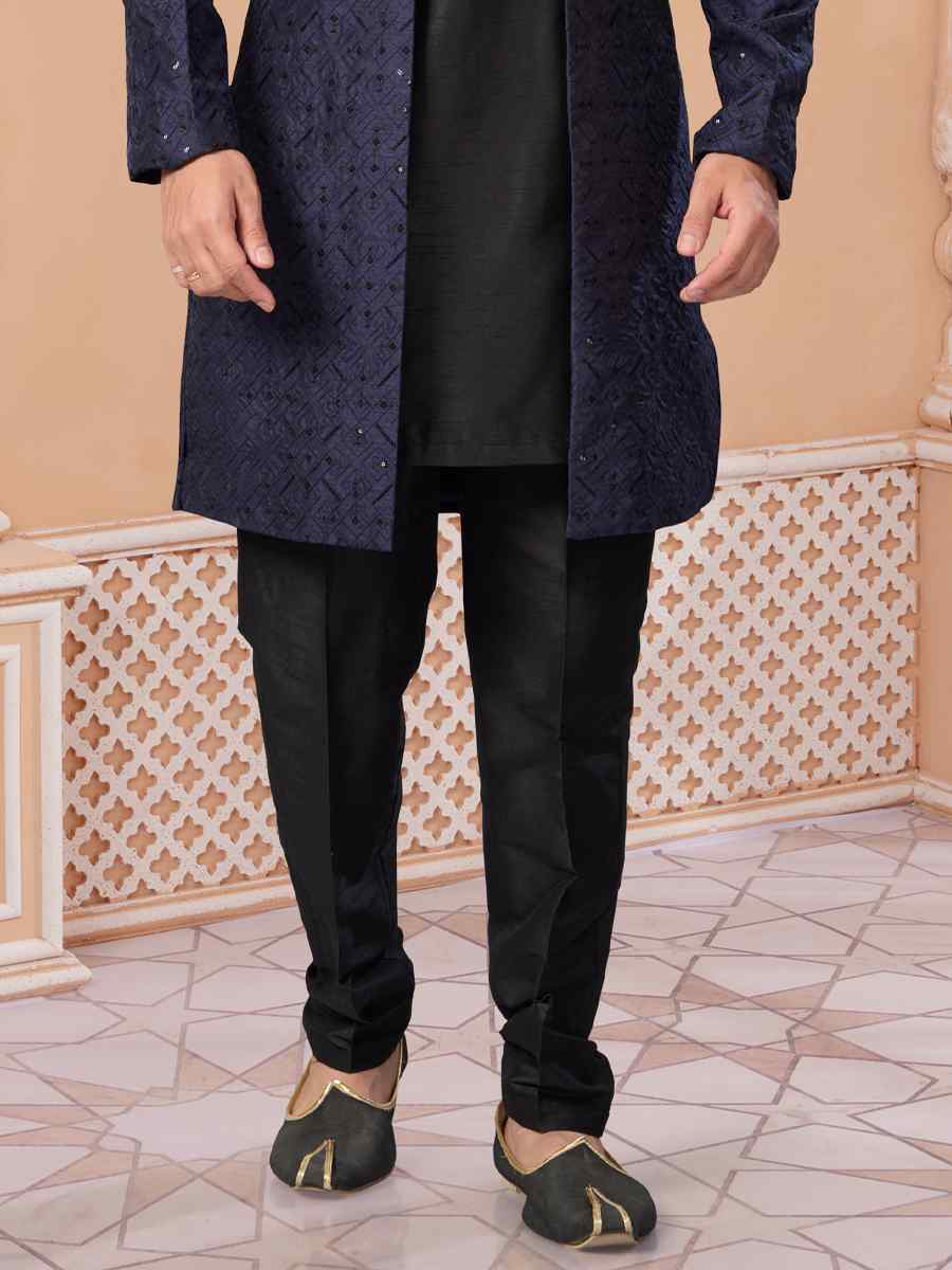 Navy Blue Banglori Silk Embroidered Groom Wedding Sherwani