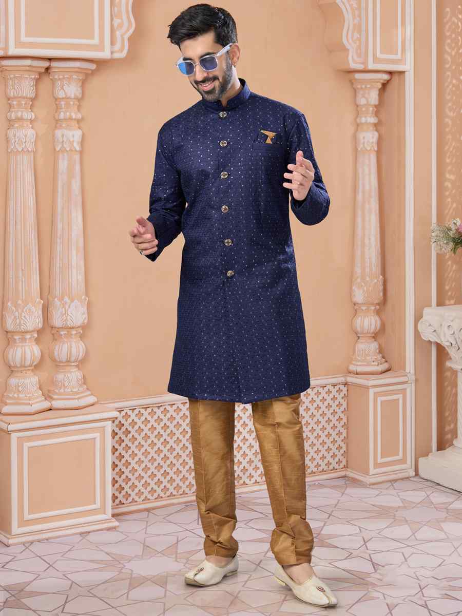 Navy Blue Banglori Silk Embroidered Groom Wedding Sherwani