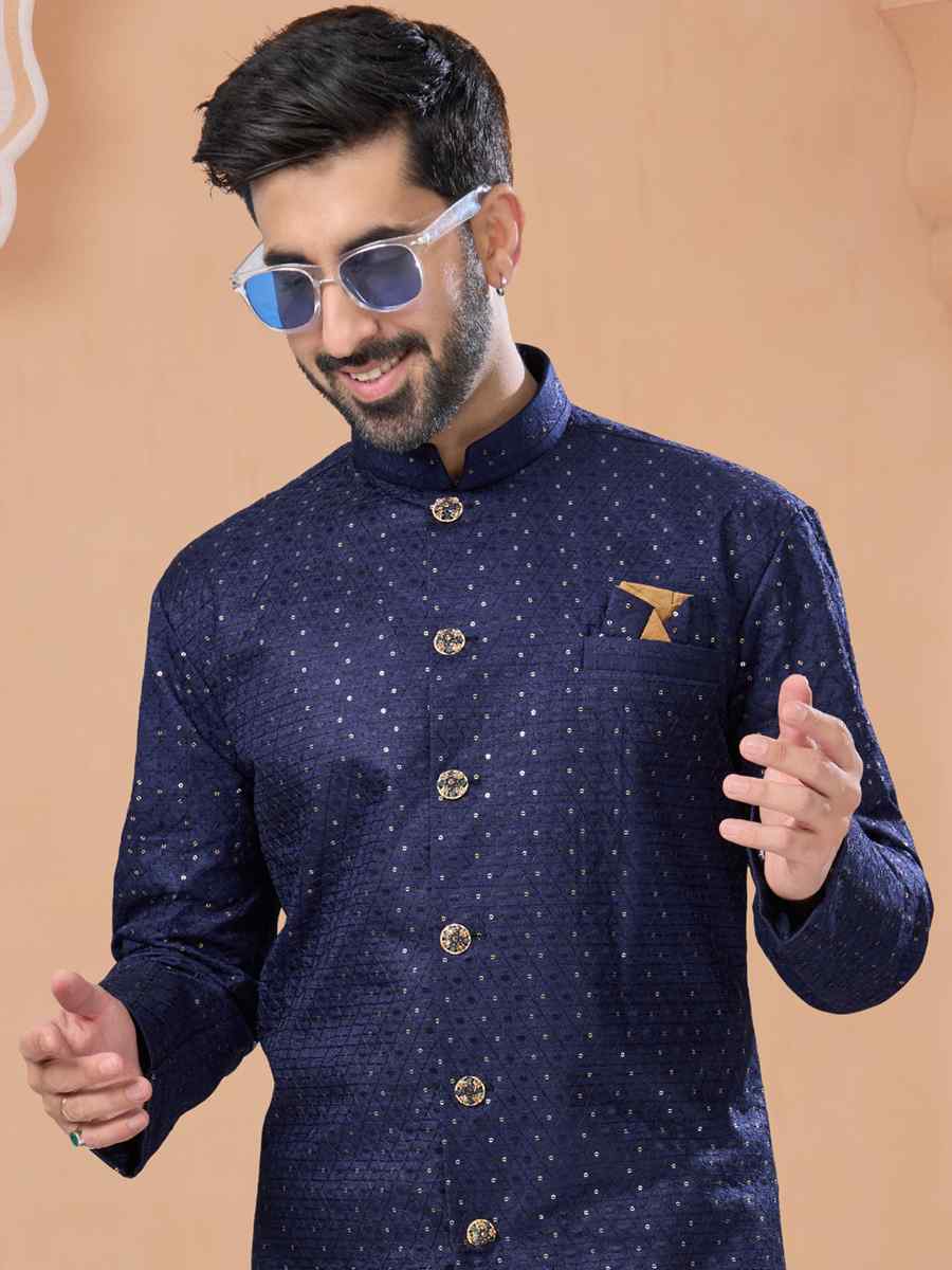 Navy Blue Banglori Silk Embroidered Groom Wedding Sherwani