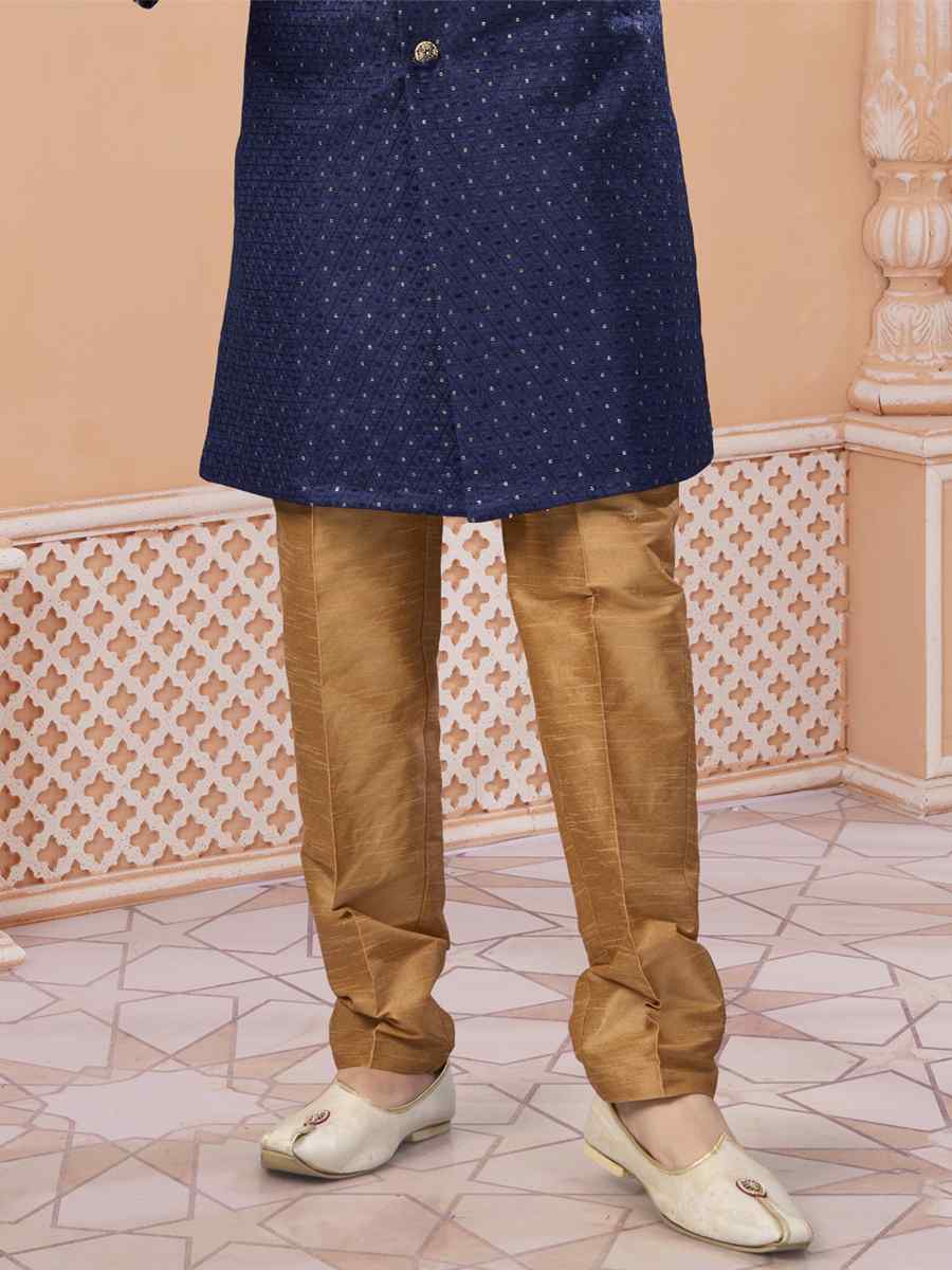 Navy Blue Banglori Silk Embroidered Groom Wedding Sherwani