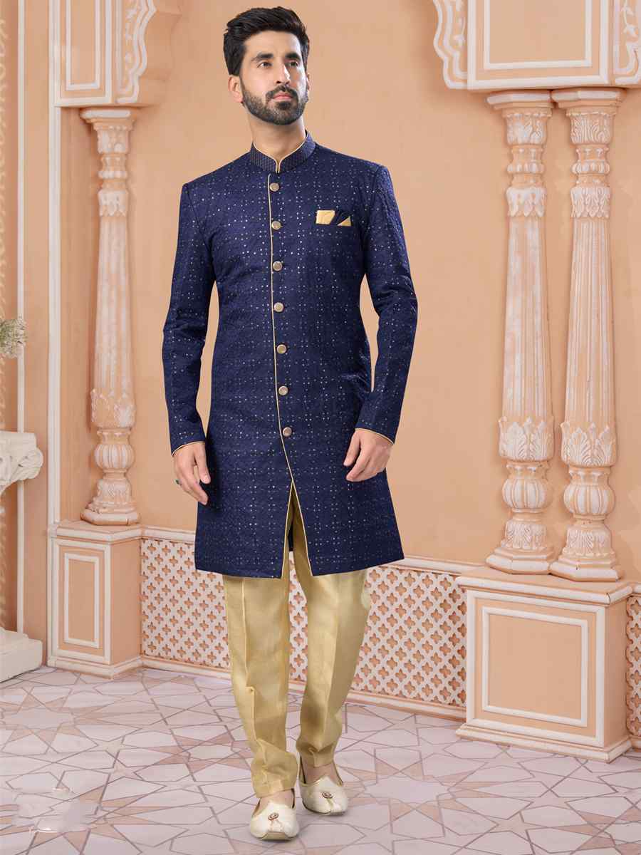 Navy Blue Banglori Silk Embroidered Groom Wedding Sherwani