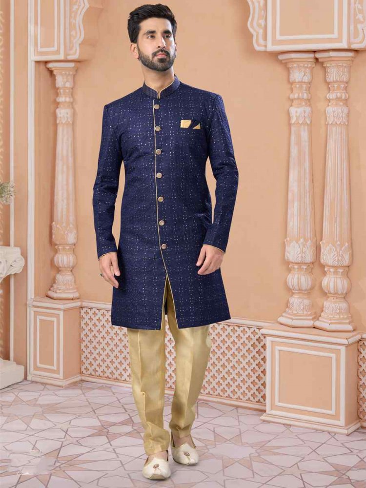 Navy Blue Banglori Silk Embroidered Groom Wedding Sherwani