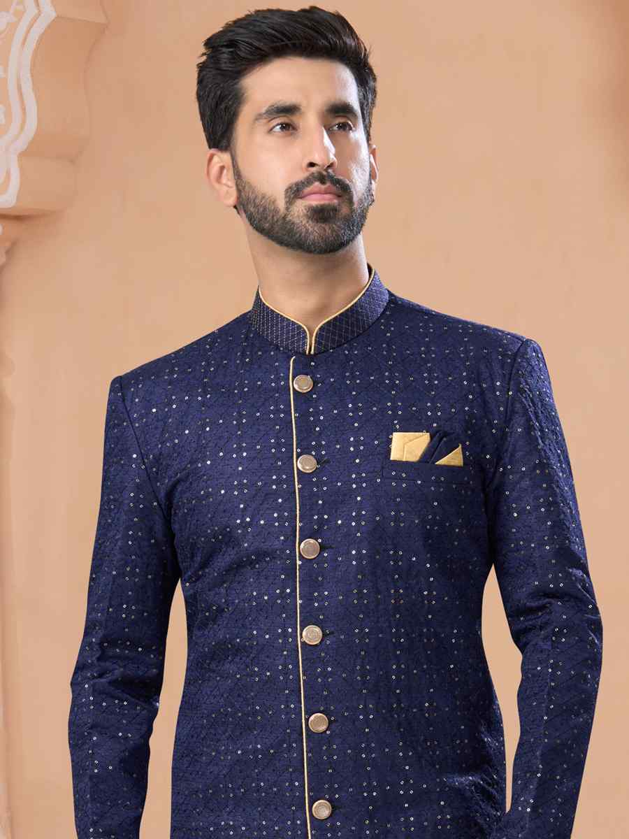 Navy Blue Banglori Silk Embroidered Groom Wedding Sherwani
