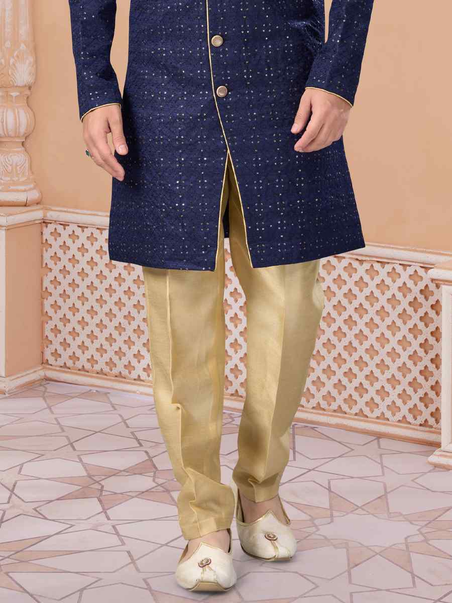 Navy Blue Banglori Silk Embroidered Groom Wedding Sherwani