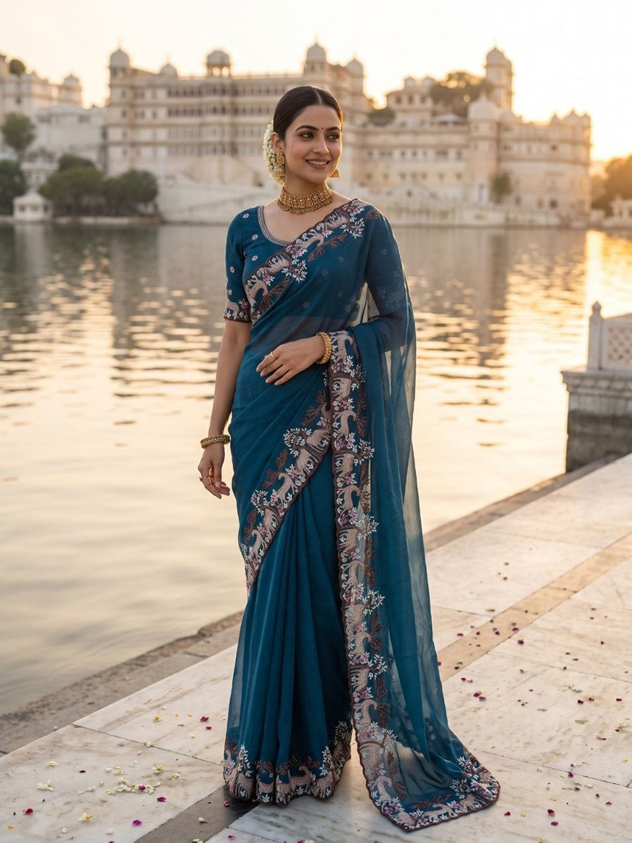 Navy Blue Black Rangoli Silk Embroidery Wedding Reception Party Festival Casual Heavy Border Sarees