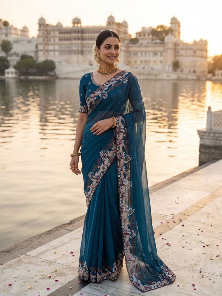 Image of Navy Blue Black Rangoli Silk Embroidery Wedding Reception Party Festival Casual Heavy Border Sarees