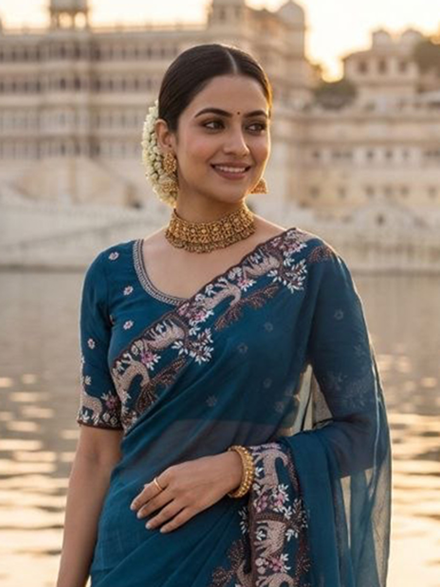 Navy Blue Black Rangoli Silk Embroidery Wedding Reception Party Festival Casual Heavy Border Sarees