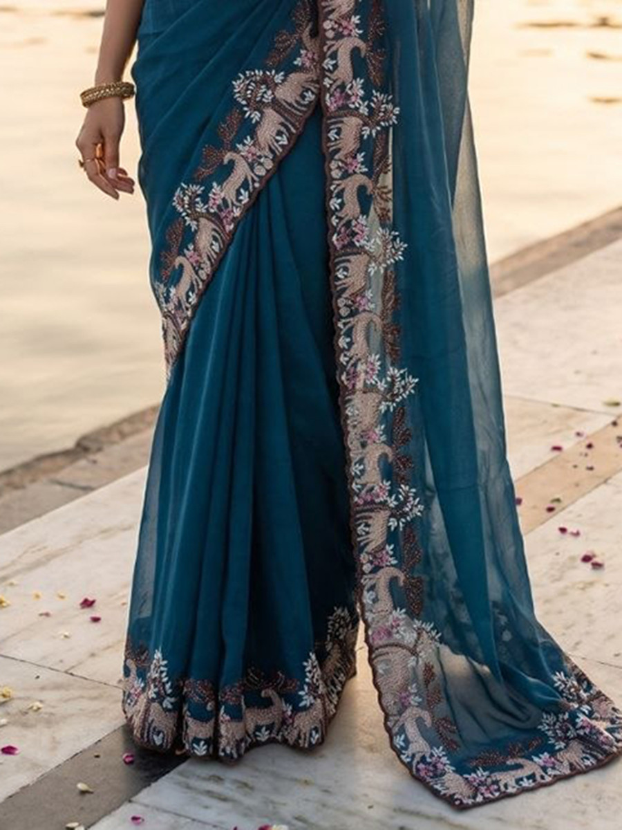 Navy Blue Black Rangoli Silk Embroidery Wedding Reception Party Festival Casual Heavy Border Sarees