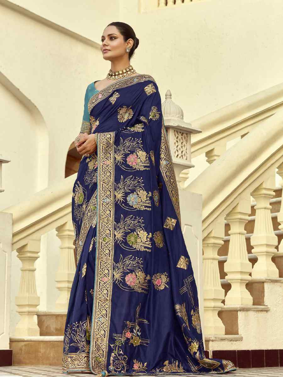 Navy Blue Black Viscose Handwoven Festival Wedding Fancy Heavy Border Saree