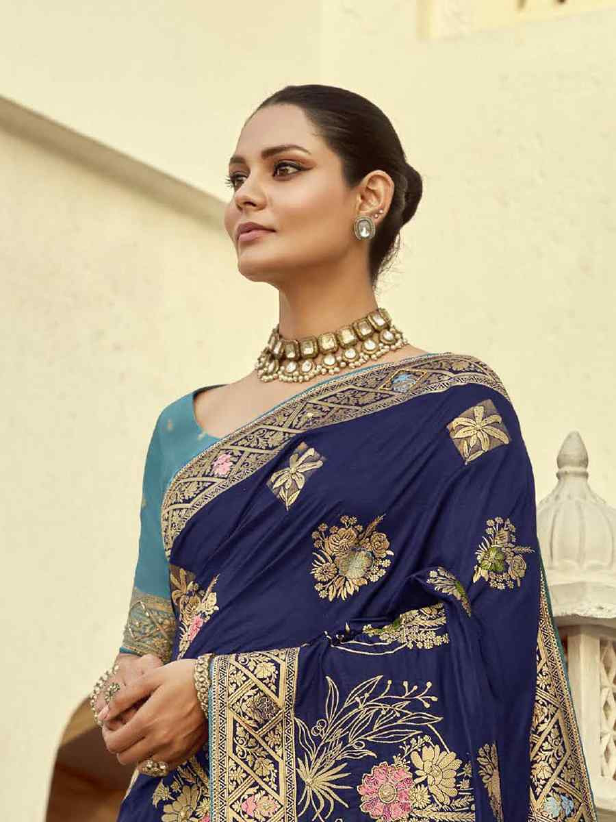 Navy Blue Black Viscose Handwoven Festival Wedding Fancy Heavy Border Saree