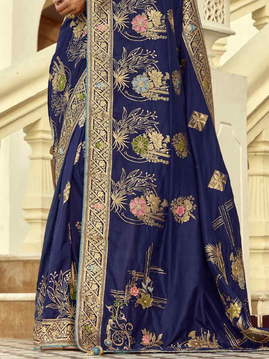 Navy Blue Black Viscose Handwoven Festival Wedding Fancy Heavy Border Saree