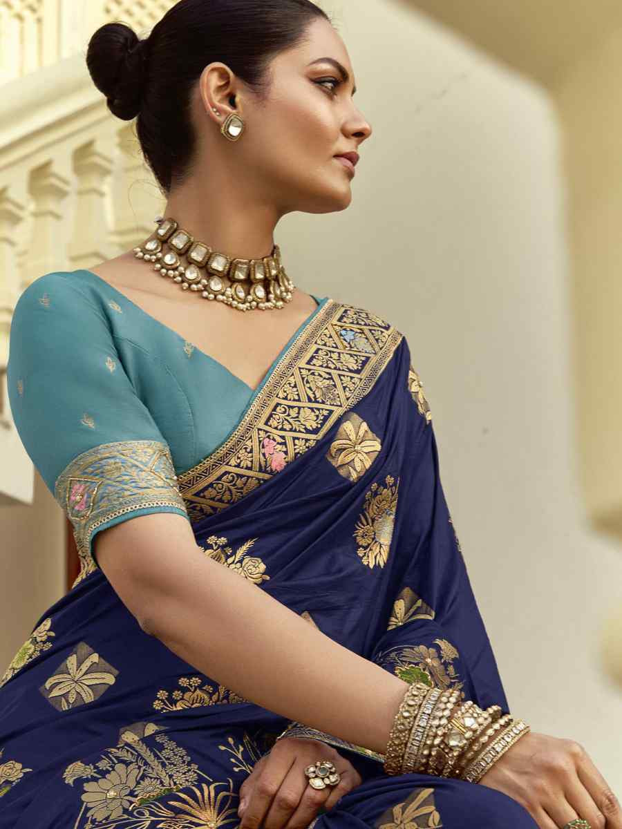 Navy Blue Black Viscose Handwoven Festival Wedding Fancy Heavy Border Saree