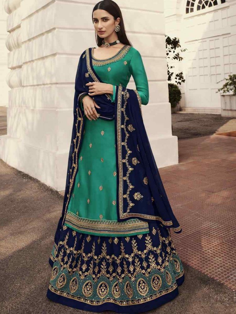 Navy Blue Blooming Faux Georgette Net Embroidered Wedding Festival Kurti Lehenga Choli