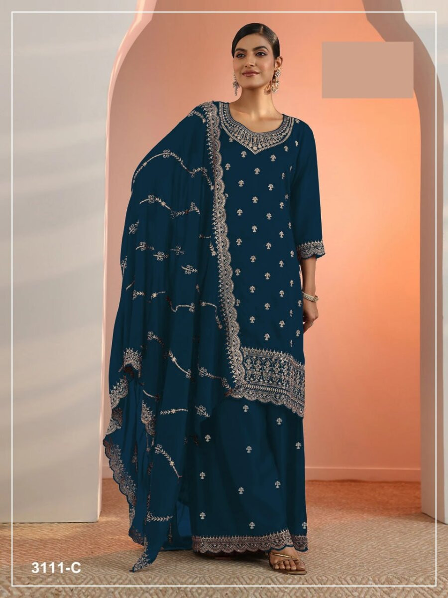 Navy blue Blooming Fox Georgette Embroidery Wedding Party Festival Casual Palazzo Pant Salwar Kameez