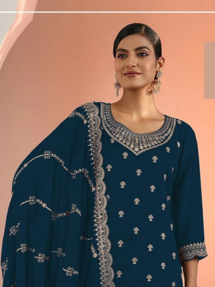 Navy blue Blooming Fox Georgette Embroidery Wedding Party Festival Casual Palazzo Pant Salwar Kameez