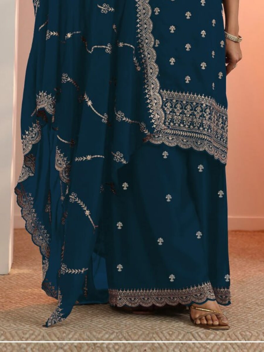 Navy blue Blooming Fox Georgette Embroidery Wedding Party Festival Casual Palazzo Pant Salwar Kameez