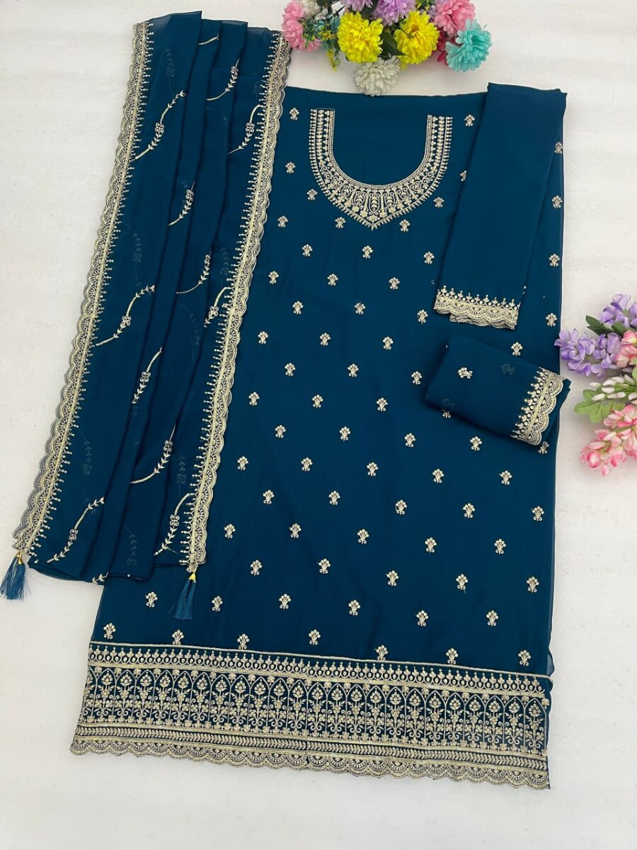Navy blue Blooming Fox Georgette Embroidery Wedding Party Festival Casual Palazzo Pant Salwar Kameez