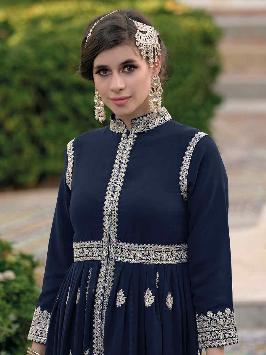 Navy Blue Blooming Georgette Embroidered Wedding Festival Anarkali Salwar Kameez