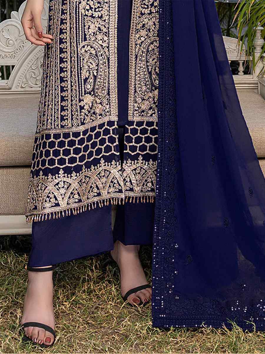Navy Blue Blooming Georgette Embroidered Wedding Festival Palazzo Pant Salwar Kameez