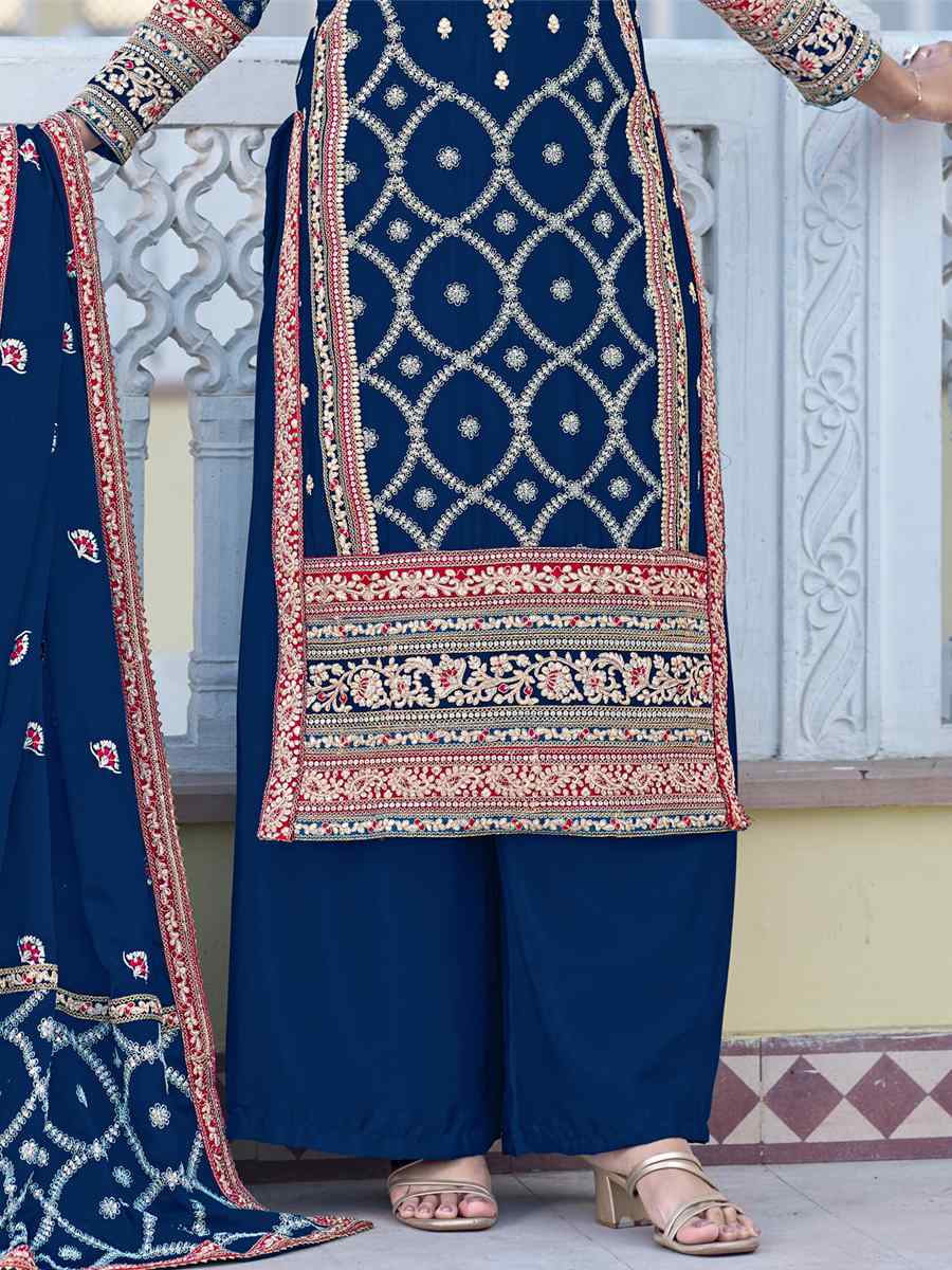 Navy Blue Blue Heavy Chinon Silk Embroidered Festival Wedding Pant Salwar Kameez