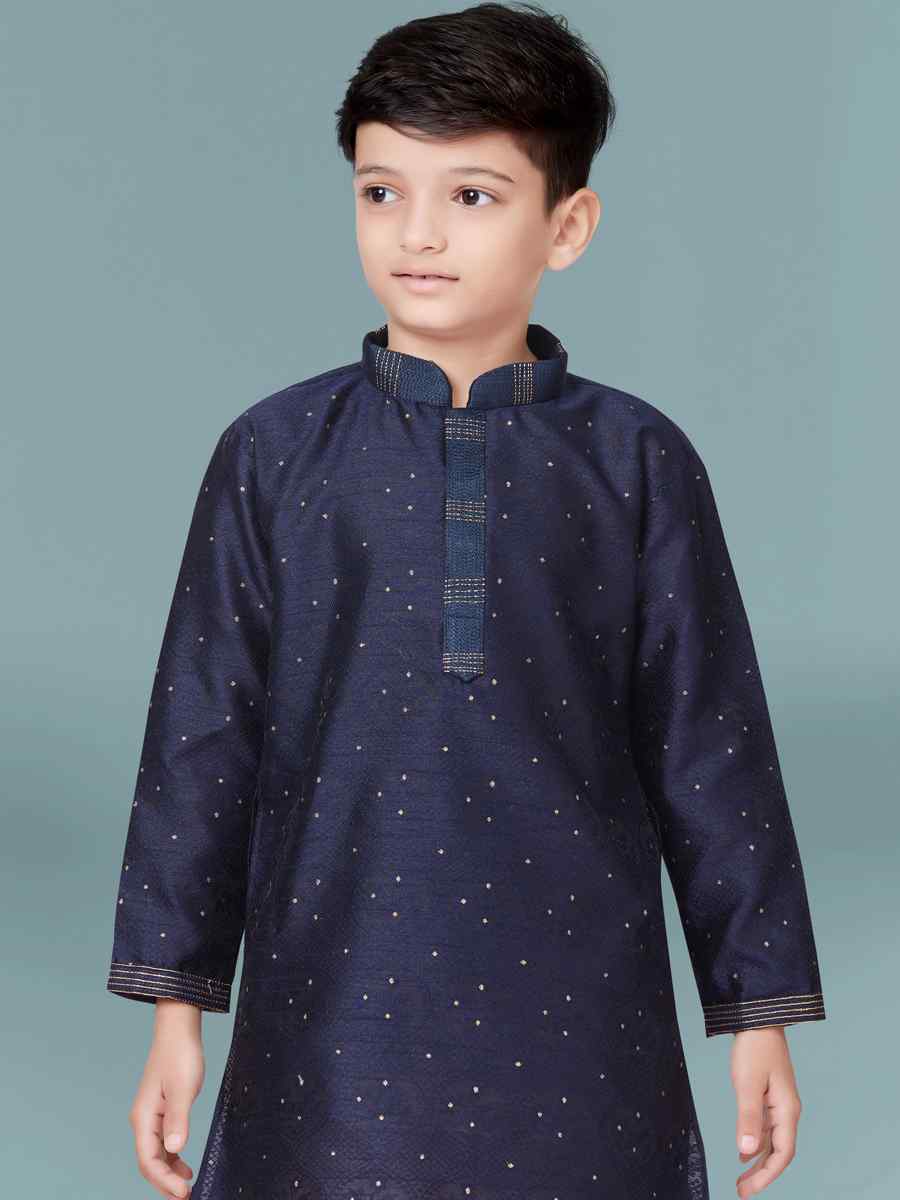 Navy Blue Booti Jacquard Floral Party Festival Kurta Pyjama Boys Wear