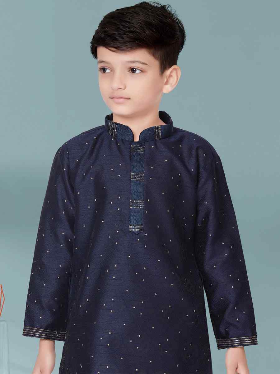 Navy Blue Booti Jacquard Floral Party Festival Kurta Pyjama Boys Wear