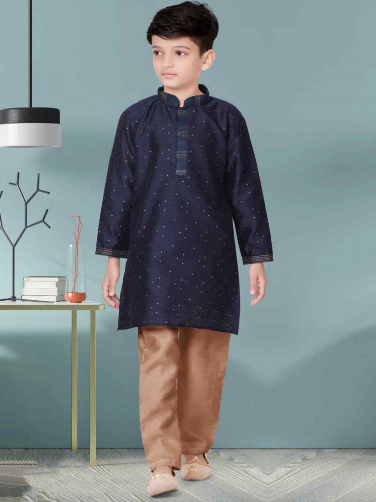 Navy Blue Booti Jacquard Floral Party Festival Kurta Pyjama Boys Wear