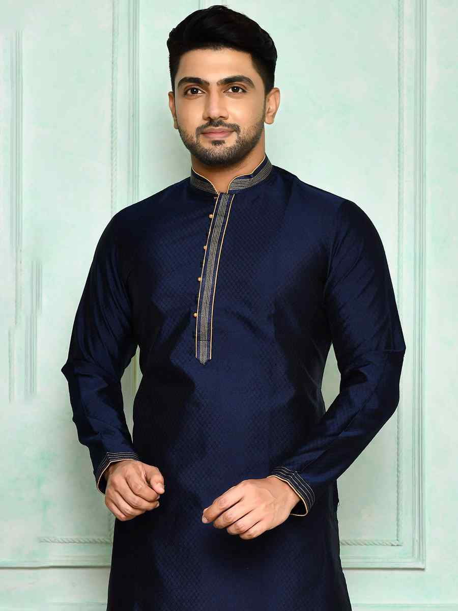 Navy Blue Brocade Woven Festival Kurta