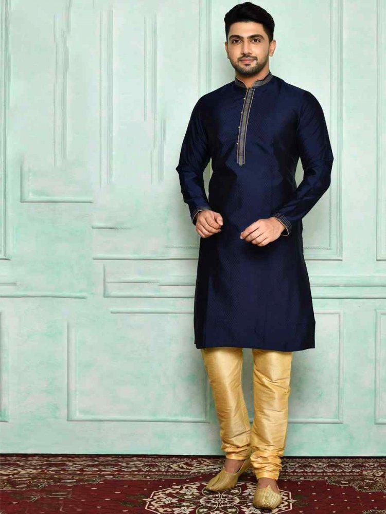 Navy Blue Brocade Woven Festival Kurta