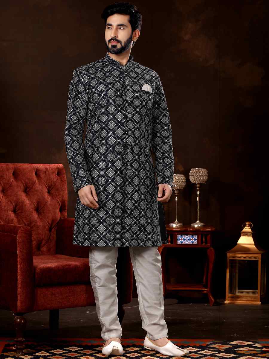 Navy Blue Brocade Woven Wedding Party Sherwani