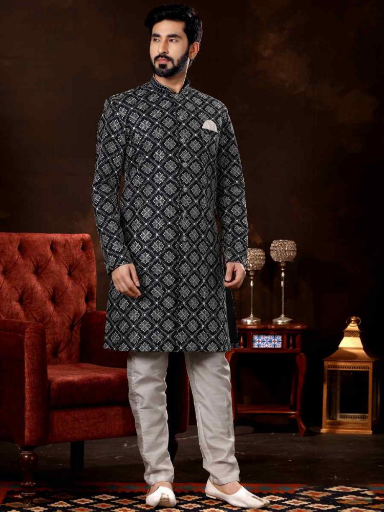 Navy Blue Brocade Woven Wedding Party Sherwani