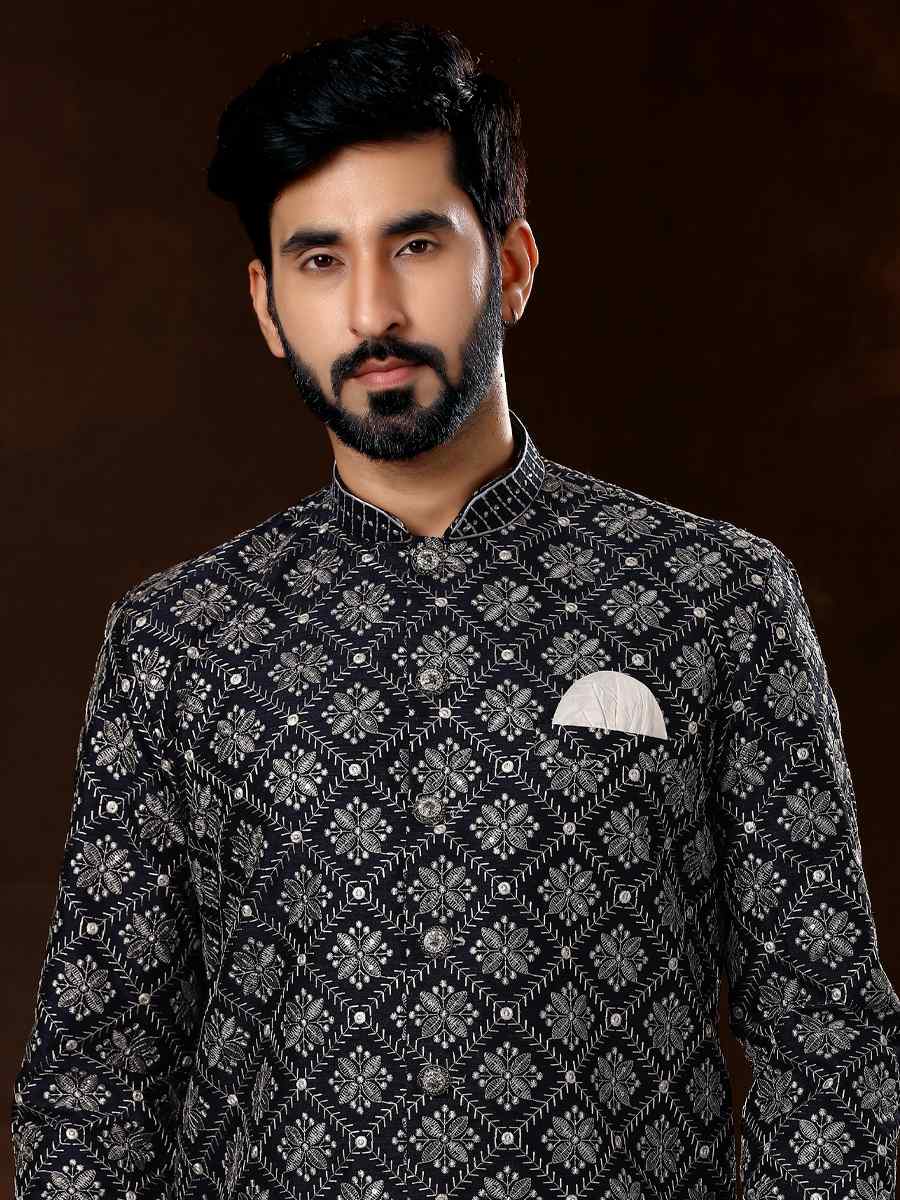 Navy Blue Brocade Woven Wedding Party Sherwani