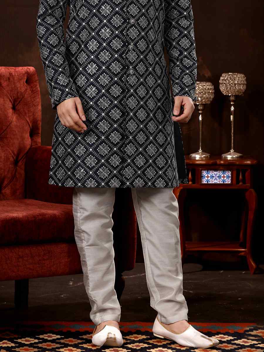 Navy Blue Brocade Woven Wedding Party Sherwani