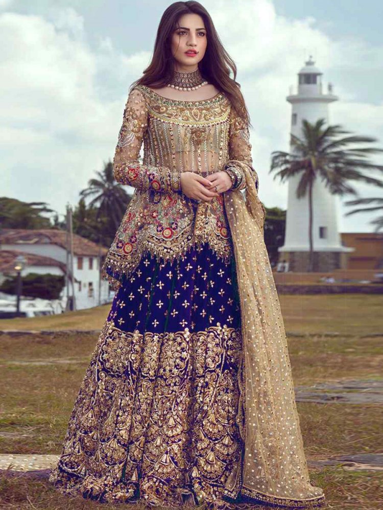 Navy Blue Butterfly Net Embroidered Engagement Party Kurti Lehenga Choli